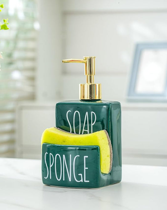 Ceramic soap Dispenser with Sponge Holder for Kitchen Sink Bathroom Counter top Storage and Organization (Green)-NeatNest