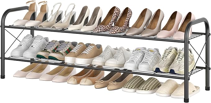 Hoctieon 2 Tier Shoe Rack for Closet, Durable Mesh Style Shoe Rack, Entryway Shoe Shelf, Shoe Storage Organizer for Hallway, Bedroom, Living Room, Wardrobe, Black-NeatNest