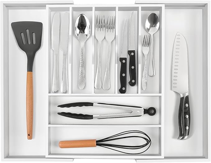 Bellsal Large Premium Bamboo Silverware Organizer - Expandable Utensil Drawer Organizer - 17"x19.6" Utensil Holder and Cutlery Tray with Grooved for Kitchen Flatware and Utensils(7-9 Slot, White)-NeatNest