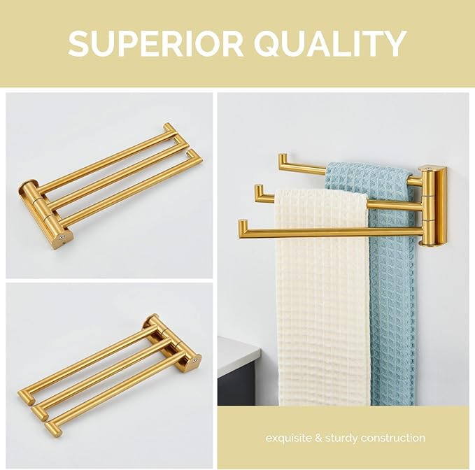 Angle Simple Swivel Hand Towel Rack, SUS 304 Stainless Steel Foldable 3 Towel Holder Bars for Bathroom Kitchen, Brushed Gold