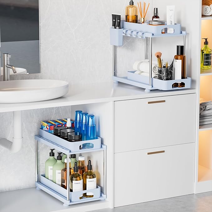 Under Sink Organizer (2 Pack), 2 Tier Under Sink Organizer, Adjustable Height Cabinet Organizer and Storage, in Blue-NeatNest