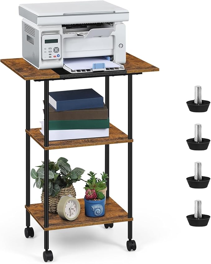 Shinoske Printer Stand with Storage,3 Tier Large Printer Table with Wheels for Home Office,Rolling Cart with Storage Shelf,for 3D Printer,Scanner Fax,Shredder,Rustic Brown-NeatNest
