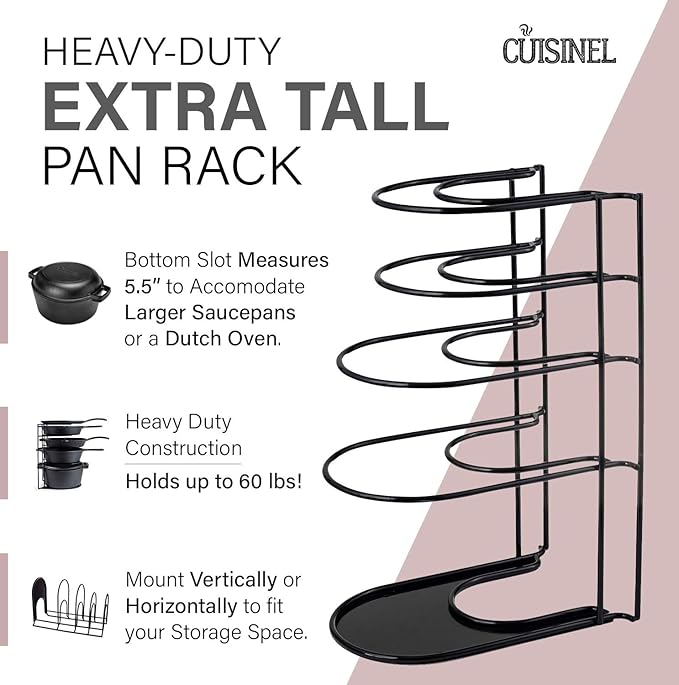 Cuisinel Heavy Duty Pots and Pans Organizer - Extra Large 5-Tier Rack - Holds Cast Iron Skillets, Dutch Oven - Durable Construction - Space Saving Kitchen Storage - No Assembly Required - Black 15.4"-NeatNest