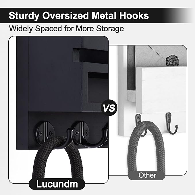 Key and Mail Holder Wall Mount, Key Hanger with Long Storage Box and 5 Hooks for Coat, Dog Leash, Home Decor Rack, House Accessories, Entry Way Organizer 11.8”W x 7.8”H x 3.2”D