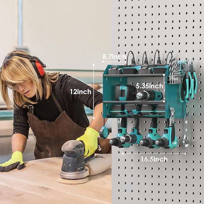 CCCEI Modular Power Tool Organizer Wall Mount with Charging Station. Garage 4 Drill Storage Shelf with Hooks, Drill Bit Heavy Duty Rack, Navy Blue Tool Battery Holder Built in 8 Outlet Power Strip.-NeatNest