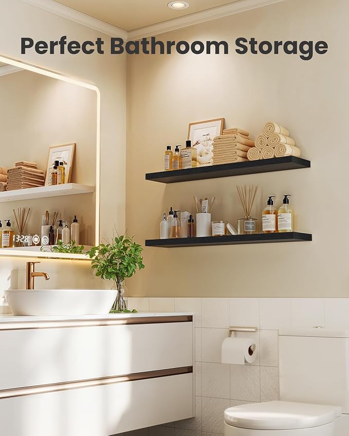 AMADA HOMEFURNISHING Floating Shelves for Wall, Wall Shelves for Living Room, Bedroom, Bathroom, Kitchen & Home Office Organization, Bathroom Shelves with Hidden Brackets, 22 lbs Max Load, AMFS44B-NeatNest