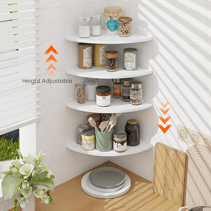 Homode Corner Floating Shelves, Set of 4 Round Corner Shelf Wall Mount with Cord Hole, 12 Inch Wood Curved Hanging Shelf for Cable Box, Speaker, TV Cords, Books, Plants, White