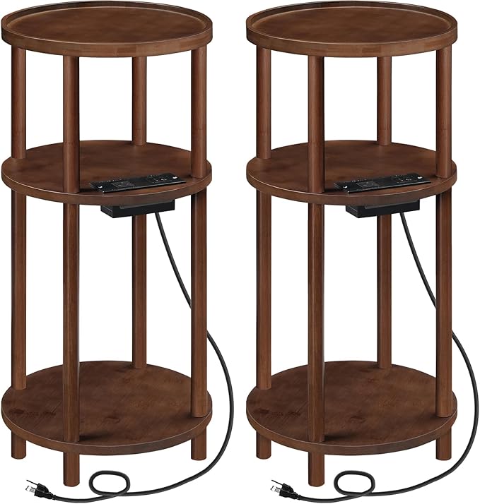 HOOBRO Set of 2 Small Round Side Tables with Charging Station, 3-Tier Round Bamboo End Tables, Compact Sofa Bedside Tables, Easy Assembly, for Living Room, Bedroom, Apartment, Mocha MA152UBZP201