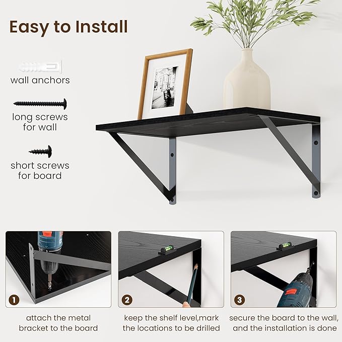 Fun Memories Deep Floating Shelves for Wall, 16W x 8D Wall Mounted Shelves Set of 2, Wide Display Ledge Shelf with Sturdy Metal Brackets for Living Room, Bathroom, Bedroom and Kitchen, Black-NeatNest