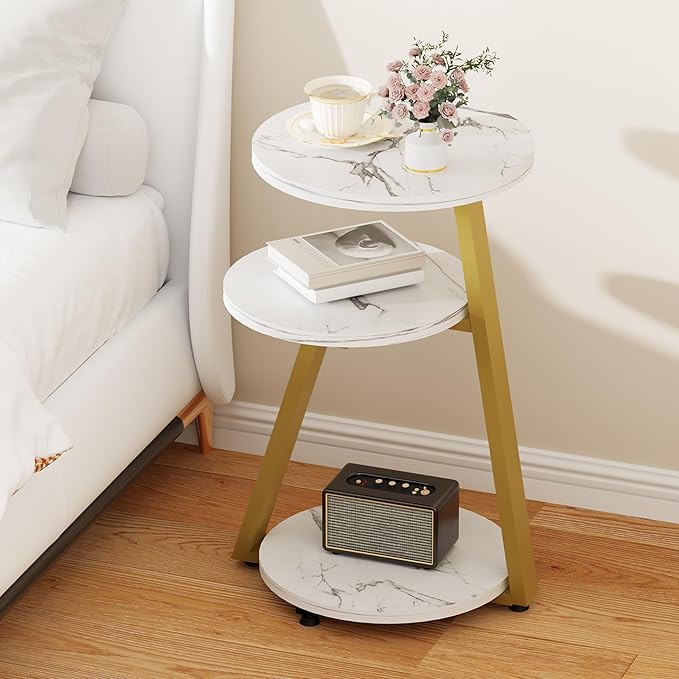 BEWISHOME Round End Table Marble Side Table with Metal Frame, Small Nightstand with 3-Tier Shelves, Night Stand for Living Room Bedroom Tall Gold White Stand KTZ41J-NeatNest