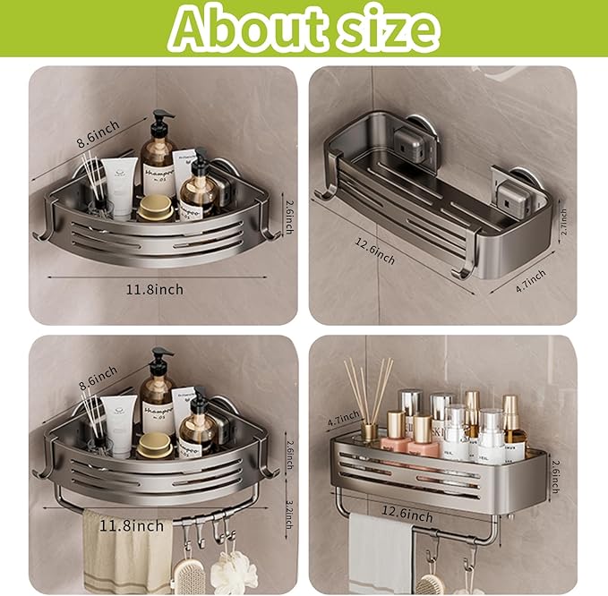 Shower Caddy Suction Cup, No Drilling Rustproof Bathroom Shower Shelf,Hanging Corner Shower Shelves with 6 Portable Hooks, Removable Bath Organizer with Towel Bar for Bathroom Storage(Gray)