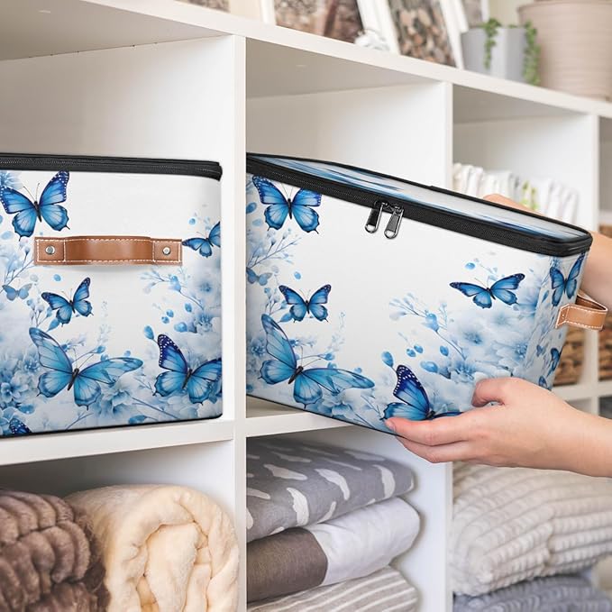 Blue Butterfly Storage Bins with Zipper Lid, Spring Floral Lidded Storage Baskets Boxes Foldable Organizer with Leather Handles for Clothes Closet Shelf Toys-NeatNest