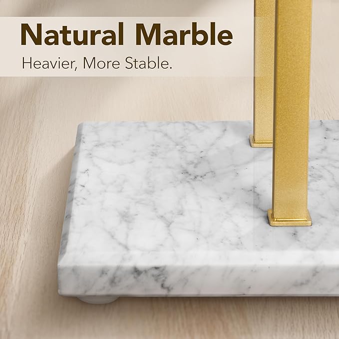 Bathroom Towel Rack Freestanding Floor Stand: Gold 36in 2‑Bar Weighted Marble Base Towel Holder, Rustproof 304 Stainless Steel Drying Rack for Bath&Hand Towels, No‑Drill Slim Organizer, Spa Pool