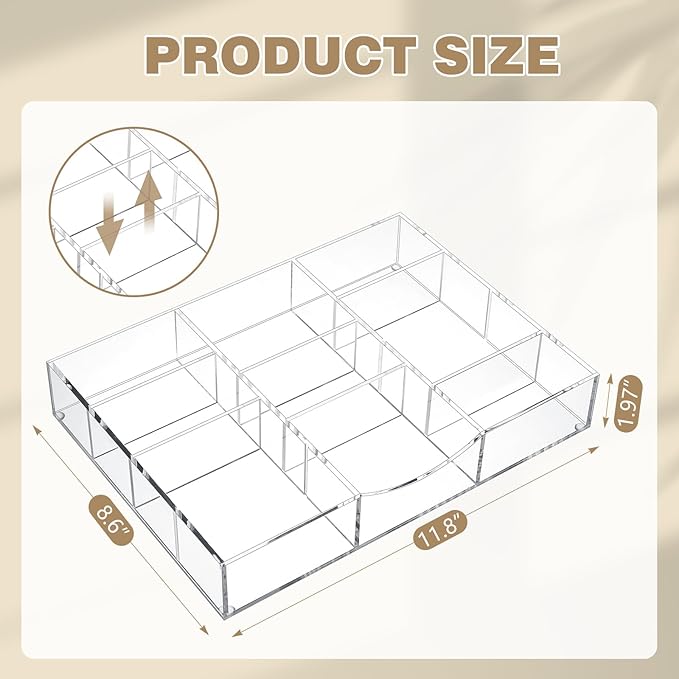 Acrylic Drawer Organizer Clear Desk Drawer Organizer Trays with Adjustable Compartments Desk Accessories for Office Stationery Makeup Silverware Bathroom (Non Expandable)