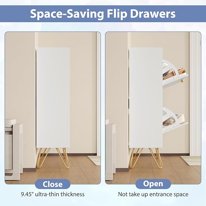 Shoe Cabinet with 2 Flip Drawers, Shoe Storage Cabinet Entryway Slim, White and Gold Narrow Shoe Cabinet w/Metal Legs, Hidden Freestanding Shoe Rack Organizer for Entryway, White-NeatNest
