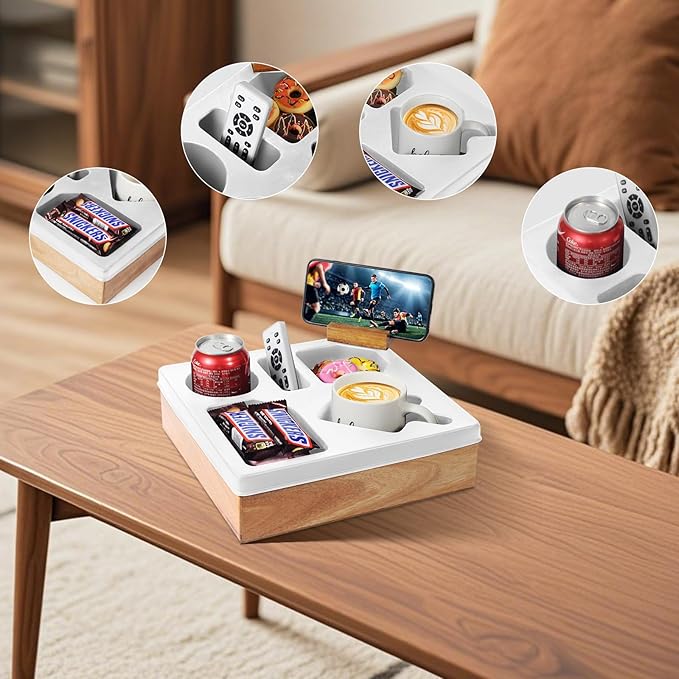 Couch Cup Holder Tray – Spill-Proof Wooden Sofa Arm Organizer with Silicone Insert for Snacks, Drinks, Remote, and Phone, Waterproof Couch Caddy for Bed, Car, RV, Living Room (White)-NeatNest