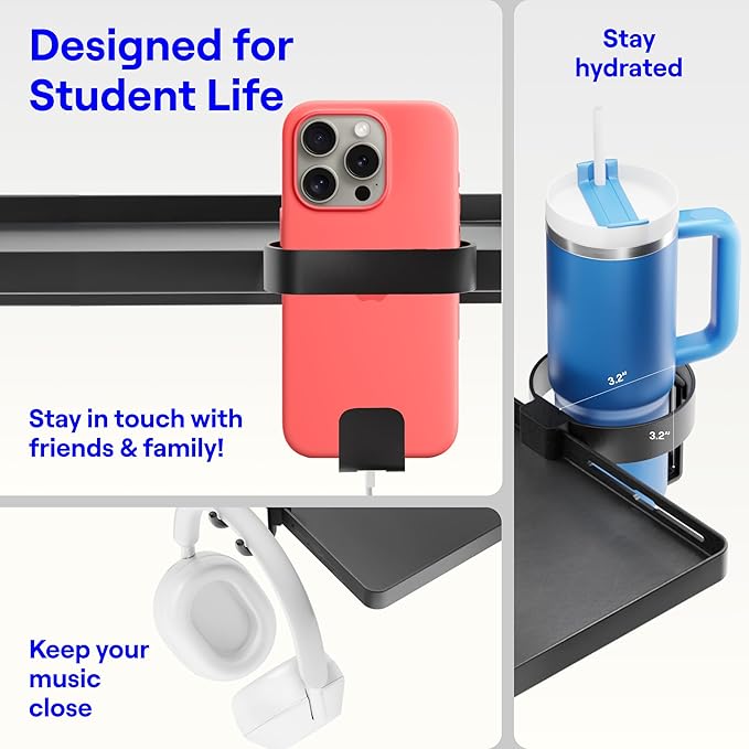 BedShelfie Bedside Shelf for Dorm Room Bunk Bed & Top Bunk, College Dorm Room Essentials, Bedside Caddy, Clip on Floating Tray, Bed Side Table Storage, Loft Nightstand Decor - Dorm Essential, Black-NeatNest
