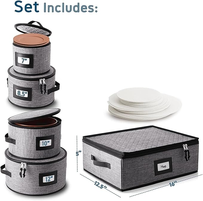 Fine China Storage Containers, 5 Piece Quilted Dish Storage Containers, Mug, Cup, and Plate Dish Organizer with Felt Dividers, Service of 12 Dinnerware Boxes for Moving, Seasonal Organization, Grey-NeatNest