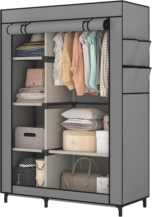 Calmootey Portable Closet Organizers, Clothing Storage, Wardrobe with 6 Shelves and Hanging Rod, Non-Woven Fabric Cover with 4 Side Pockets, Grey-NeatNest