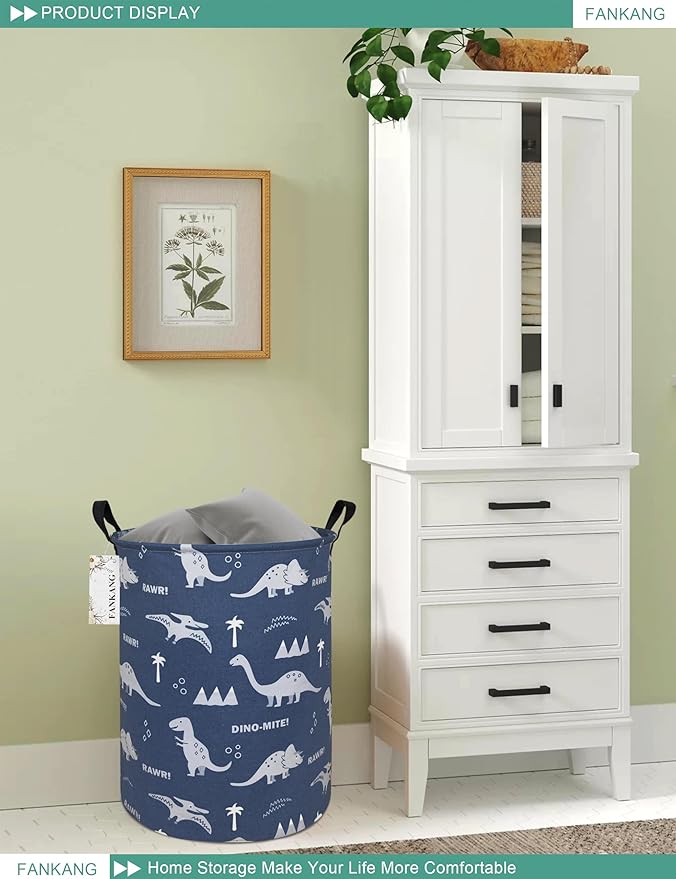 FANKANG Storage Basket, Nursery Hamper Canvas Laundry Basket Foldable with Waterproof PE Coating Large Storage Baskets for Kids Boys and Girls, Office, Bedroom, Clothes,Toys(Blue dinosaur)