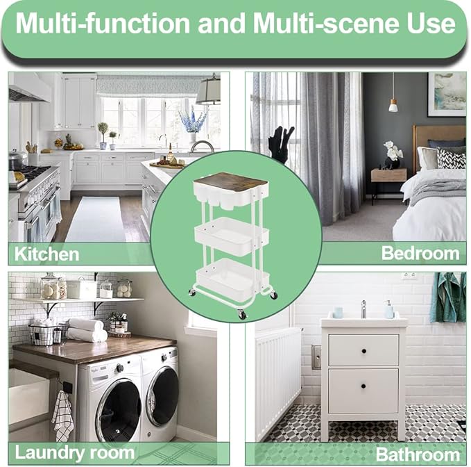 Melody House 3-Tier Metal Utility Rolling Cart Storage Side End Table with Cover Board for Office Home Kitchen Organization, Cream White