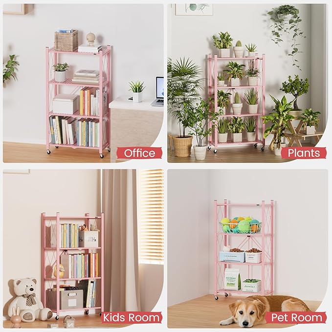 ALANNG 2-Pack Folding Bookshelf on Wheels, Cute Rolling Shelves for Bedroom, Colorful Storage Cart for Kids Rooms, Nursery, No Assembly Metal Book Shelf (4 Tier, Pink)