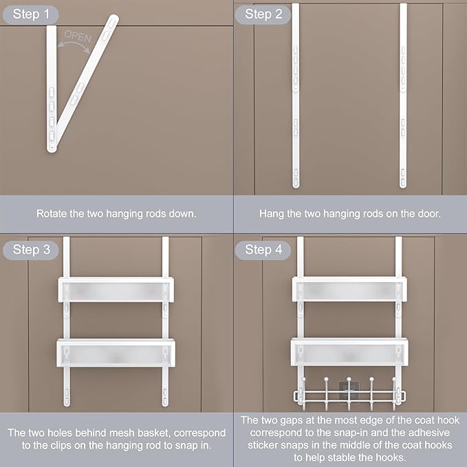 Adjustable Over The Door Hooks Organizer, Door Hanger Coat Rack with 2 Mesh Baskets and 10 Hooks, Back of Door Storage Organizer for Bedroom,Bathroom,Kitchen (White)