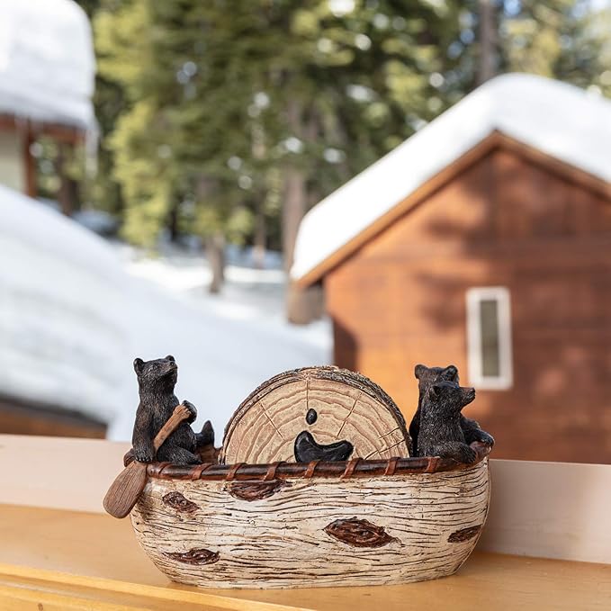 Bear Coasters Set of 6 Full Size Rustic Coasters in Handmade Canoe with Adorable Black Bear Figurines | Black Bear Log Cabin Decorations, Rustic Lodge Decor for The Home-NeatNest