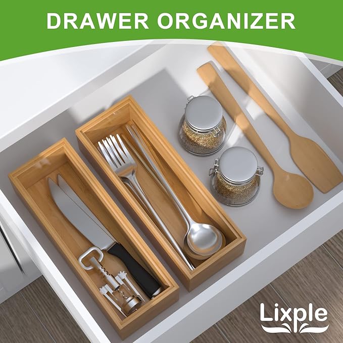 Bamboo Drawer Organizer – Set of 2 Stackable Storage Boxes, Silverware Tray & Small Gadget Holder for Kitchen Drawers, 9" x 3" x 2" (Outer), 8.3" x 2.3" x 1.77" (Inner)-NeatNest