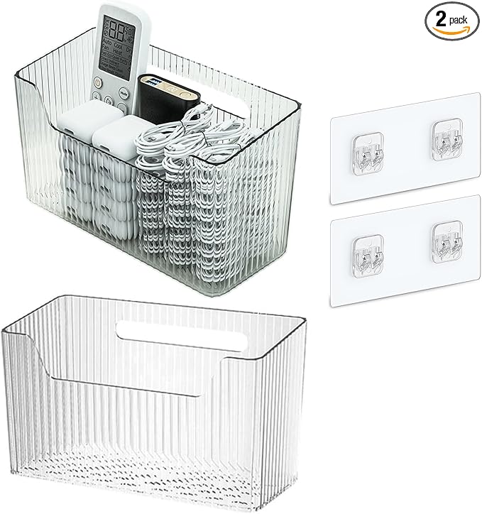 Set Of 2 Storage Organizer Bins Wall Mounted Shower Basket, Shower Caddy Stackable Clear Plastic Makeup Organizer Adhesive Hanging Bin for Bathroom, Kitchen, Cabinet, Pantry, BPA Free, Large, Clear-NeatNest