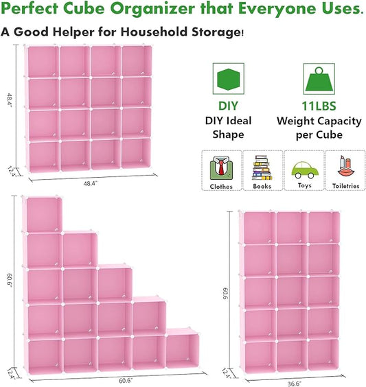 C&AHOME Cube Storage Organizer, 16-Cube Shelves Units, Plastic Storage Cubes, DIY Closet Organizer, Modular Closet Storage Shelves Ideal for Home, Bedroom, 48.4" L × 12.4" W × 48.4" H Pink UPCS16P-NeatNest