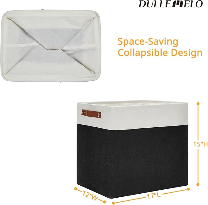 DULLEMELO Large Fabric Basket for Organizing, 17"x12"x15" Storage Basket With Leather Handles, Collapsible Storage Bin for Clothes, Toys, Books, Office, Bedroom, Closet, Nursery&Laundry (White&Black)-NeatNest