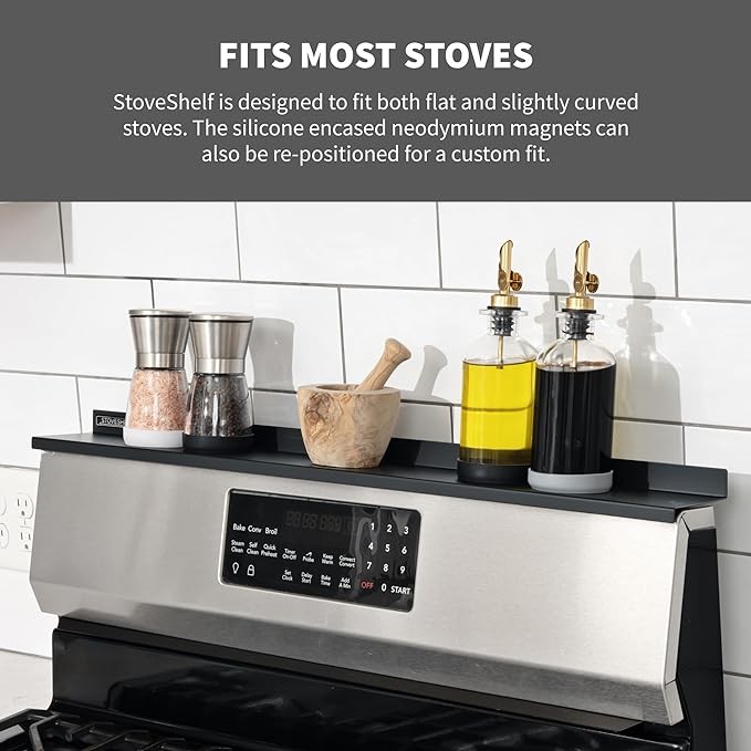 StoveShelf 24" Apartment Length Black Magnetic Shelf for Kitchen Stove - Kitchen Storage Solution with Zero Installation - Over Stove Spice Rack Organizer
