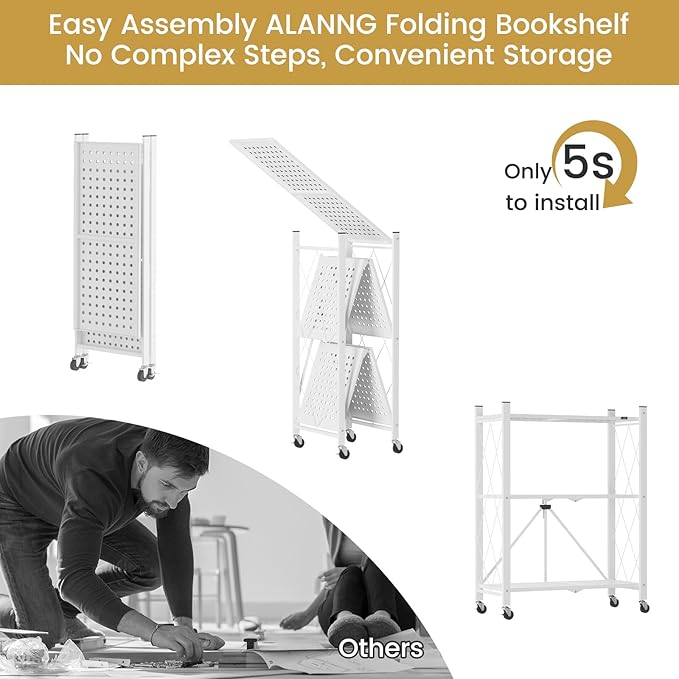 ALANNG Storage Shelves with Wheels, Bookshelf with Storage, No Assembly Metal Rack Cart for Kitchen, Office, Laundry, Garage (3 Tier, White)