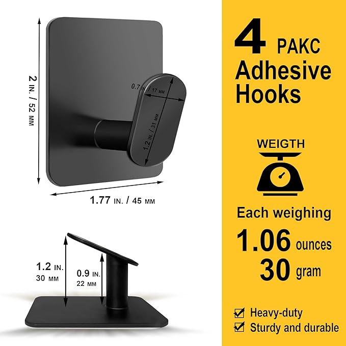 Adhesive Hooks - 4 Pack Towel/Wall Hooks for Hanging Coat, Hat,Towel Robe, Heavy Duty Hooks Stick on Kitchen or Bathroom (Matte Black, Waterproof, Stainless Steel)