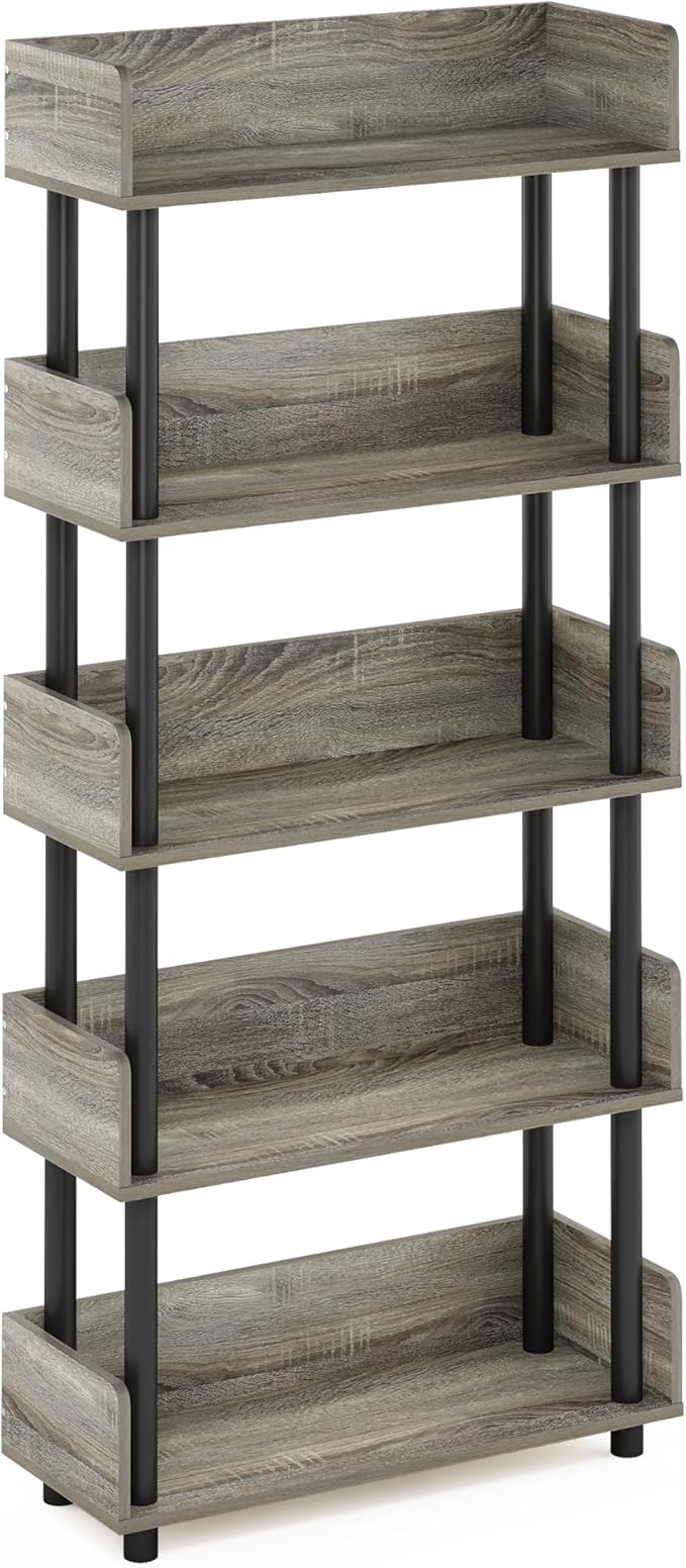 Furinno Turn-N-Tube 5-Tier Toolless Display Rack, French Oak/Black-NeatNest