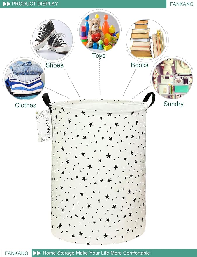 FANKANG Storage Basket, Nursery Hamper Canvas Laundry Basket Foldable with Waterproof PE Coating Large Storage Baskets for Kids Boys and Girls, Office, Bedroom, Clothes,Toys(Star)