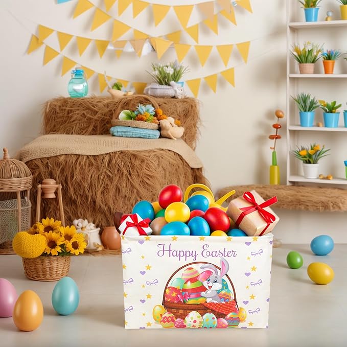 Easter Basket for Kid Large Empty Baby Rectangular Cute Easter Gift Storage Basket Bunny Eggs Décor (Rabbit Purple Bow Tie)-NeatNest