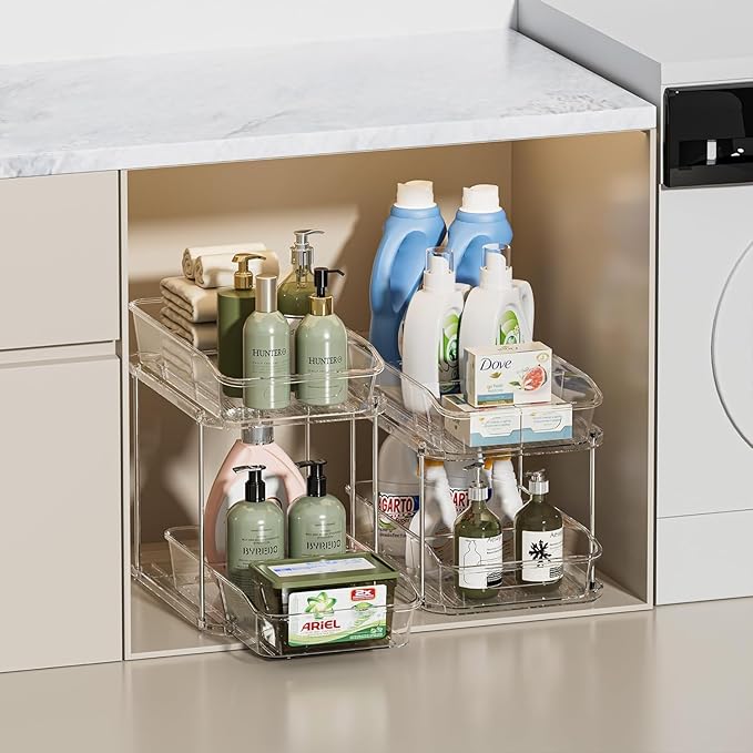 Delamu 2 Sets of 2-Tier Clear Under Sink Organizers and Storage, Multi-Purpose Stackable Bathroom Cabinet organizers, Pull Out Kitchen Pantry Organization and Storage with Dividers-NeatNest