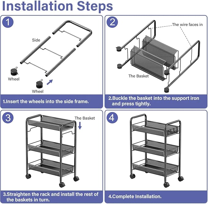 3 Tier Rolling Cart, Mesh Wire Utility Carts, Metal Storage Shelf with Wheels & 4 Side Hooks, for Laundry Room Organization, Kitchen, Living Room, Bathroom, Pantry, Dorm & Under Desk Storage