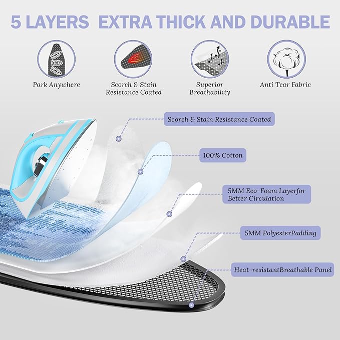 APEXCHASER Ironing Board Full Size, Metal Panel Iron Board with Heat & Scorch Resistant Cover, Adjustable Height Heavy Duty Ironing Board with Stretchable Iron Rest, for Home, Dorm, 18 x 51, Purple