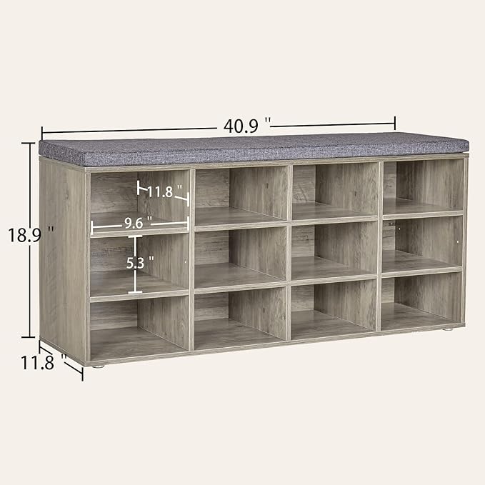 DINZI LVJ Shoe Bench, 12 Cubbies Shoe Organizer for Entryway, Storage Bench with Cushion, Cubby Shoe Rack with Adjustable Shelves for Living Room, Bedroom, Mudroom, Hallway, Gray Wash-NeatNest