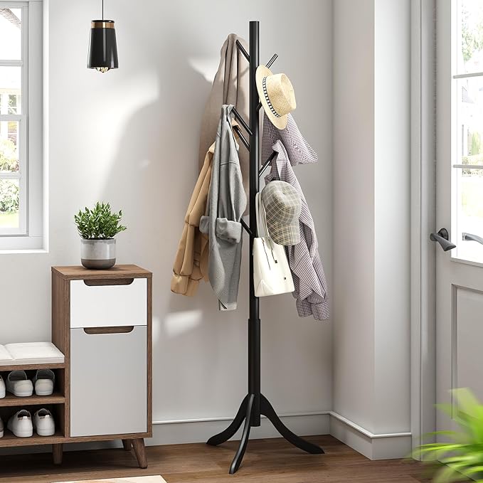 Black Coat Rack Stand, Bamboo Wood Freestanding Coat Tree with 8 Hooks, Hallway Entryway Hat Hanger Organizer Standing for Bedroom, Office, Clothes, Jackets, Bags, Umbrallas-NeatNest