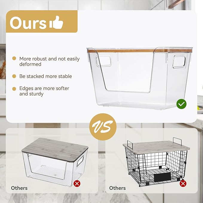 2 set Pantry Organizers and Storage,Stackable Onion Storage Potato Storage,Kitchen Laundry Organizers with Bamboo Top for Vegetable,Fruits, Snacks,Produce Clear