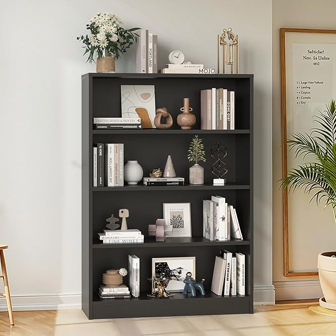 Farini 48 Inch Tall 4-Shelf Bookcase, Wood Bookshelf Storage Organizer Adjustable Shelf for Home Office, Study Room, Easy Assembly,Black