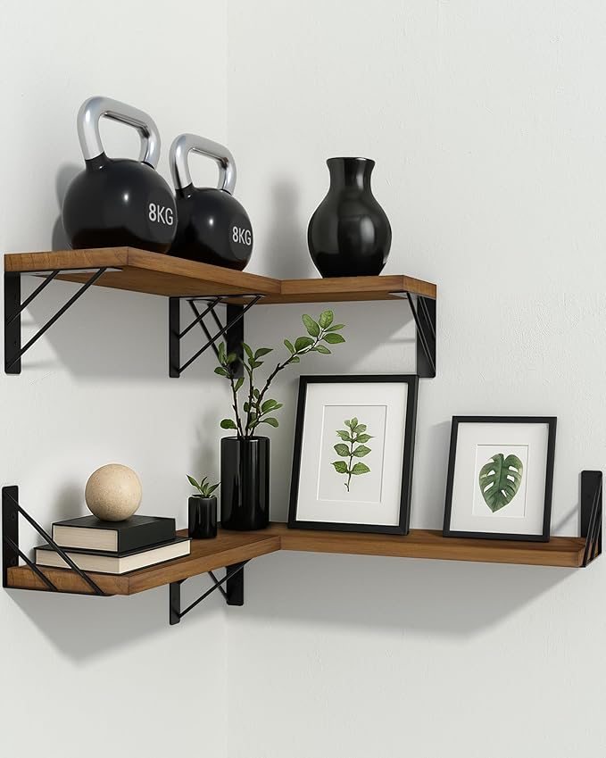 BAYKA Floating Shelves for Wall, Book Shelf for Bedroom, Decor Shelves for Living Room Kitchen, Mounted Wood Floating Shelf for Home Decor, Corner Shelf for Bathroom, Office(Walnut-Toned,Set of 4)-NeatNest