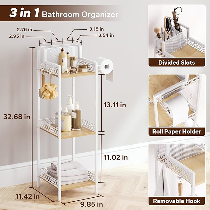 Bathroom Storage shelvesHair Dryer Holder 9.85in White, 3-Tier Narrow Metal Standing Rack with Toilet Paper Holder Cabinet, Multifunctional Corner Unit Stand for Cosmetic Curling Irons Tower-NeatNest