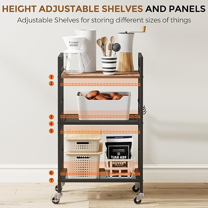 3-Tier Metal Storage Rack with Industrial Wheels,Mesh Shelving Unit with Wooden Table top,Adjustable Shelf,16.9-Inch Width,for Kitchen,Laundry,Pantry,Plant,Black