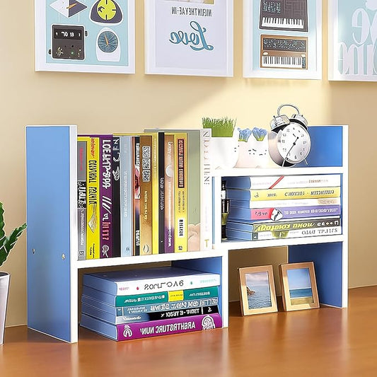 Desktop Shelf Organizer, Adjustable Wood Office Storage Rack, Counter Display Small Bookshelf for Home/Office/School(Blue)-NeatNest
