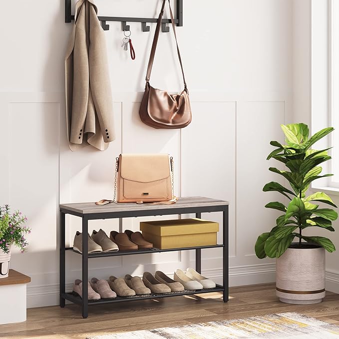HOOBRO Shoe Bench, 3-Tier Shoe Rack, Industrial Shoe Organizer Storage Bench, 29.5 inches Entry Bench with Mesh Shelves, for Entryway, Living Room, Hallway, Easy Assembly, Greige BG75HX01-NeatNest